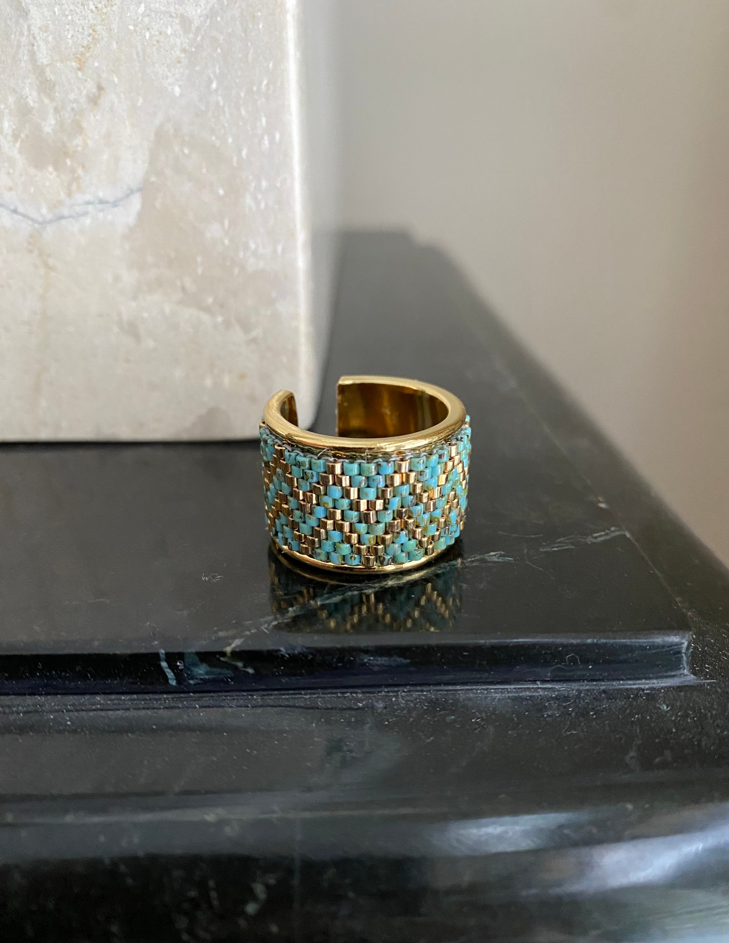 Beaded wide band ring - Rustic Turquoise Chevron