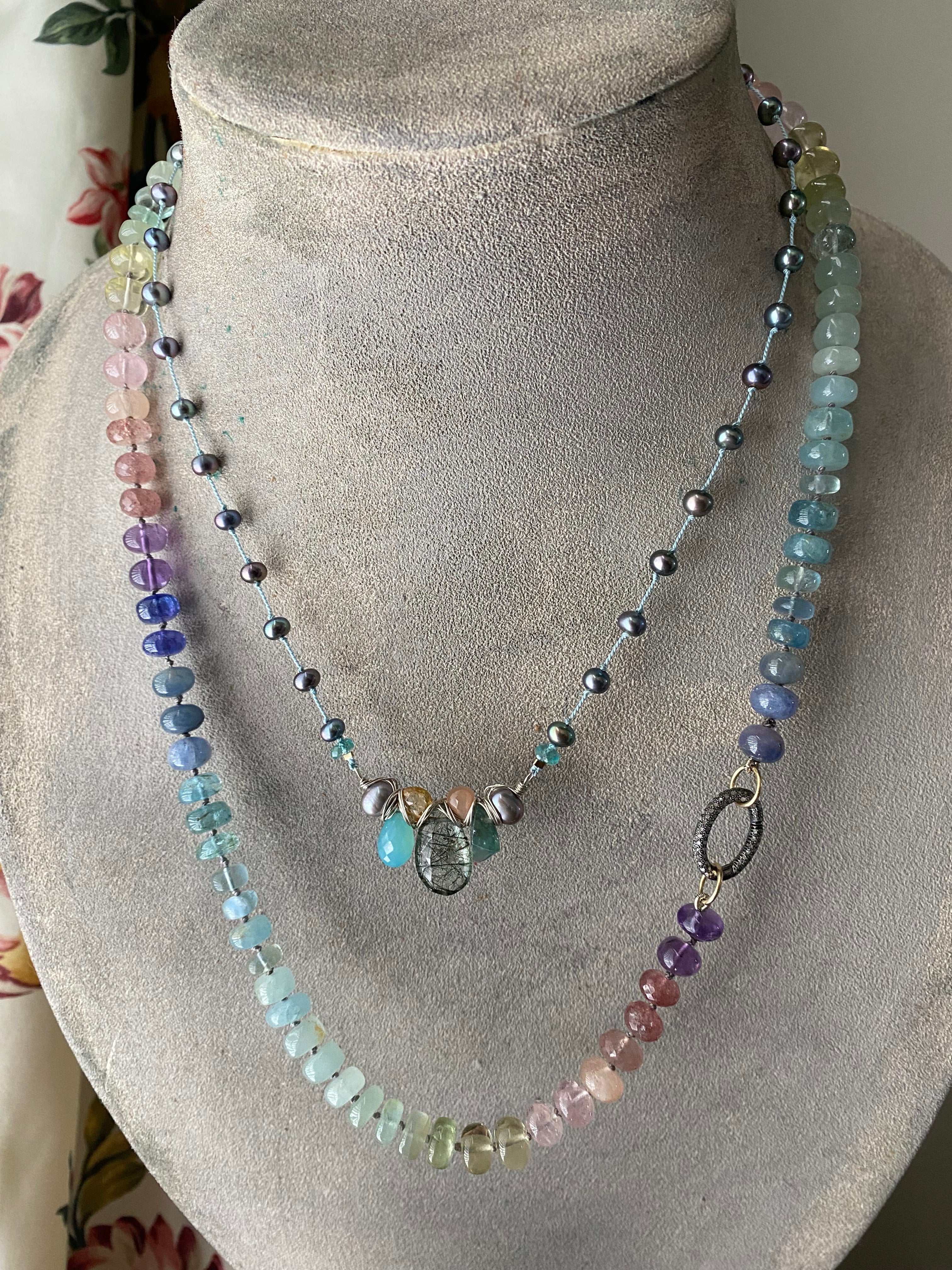 Knotted pearl necklace w/ gemstones - sky