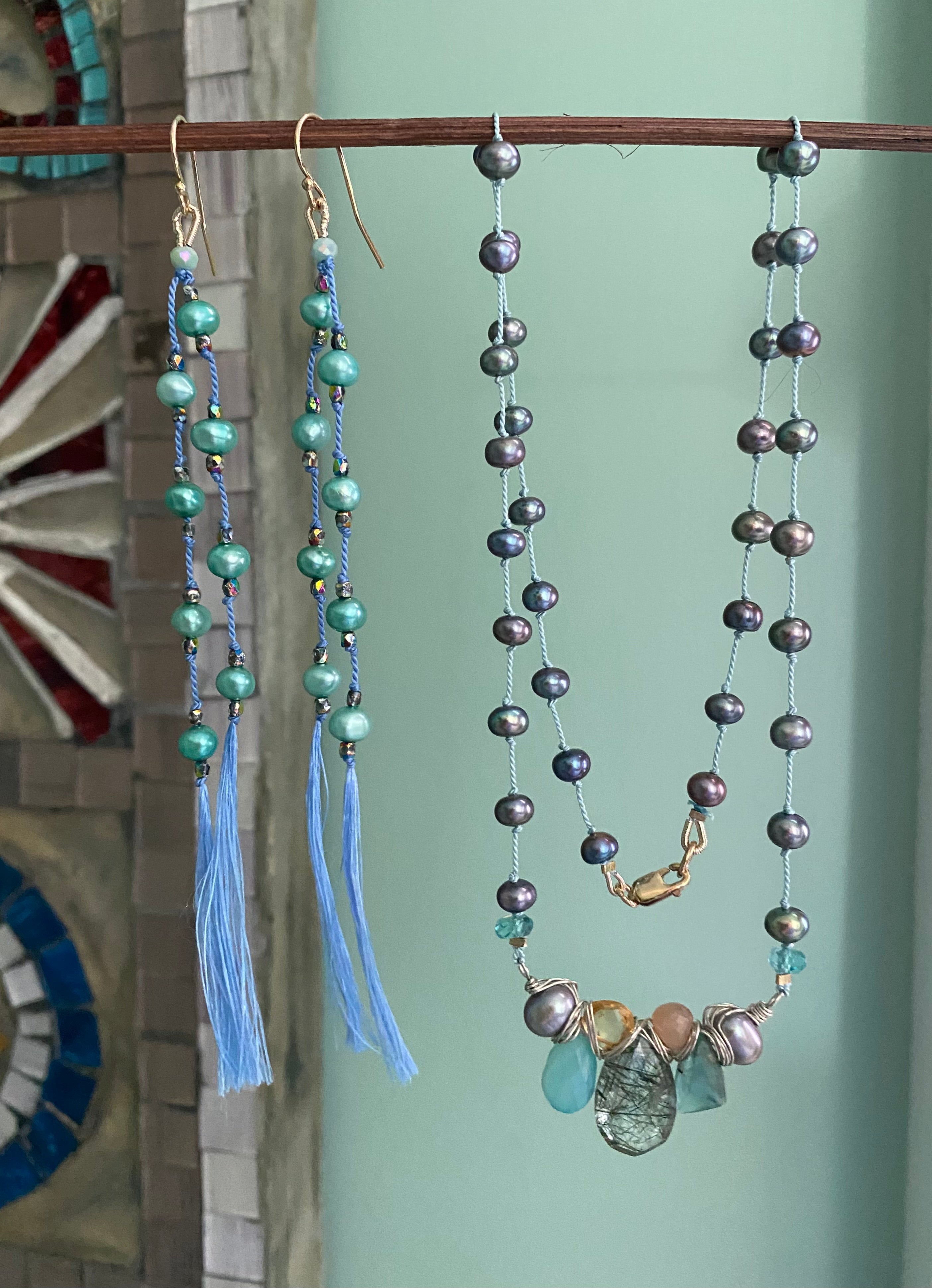 Knotted pearl necklace w/ gemstones - sky