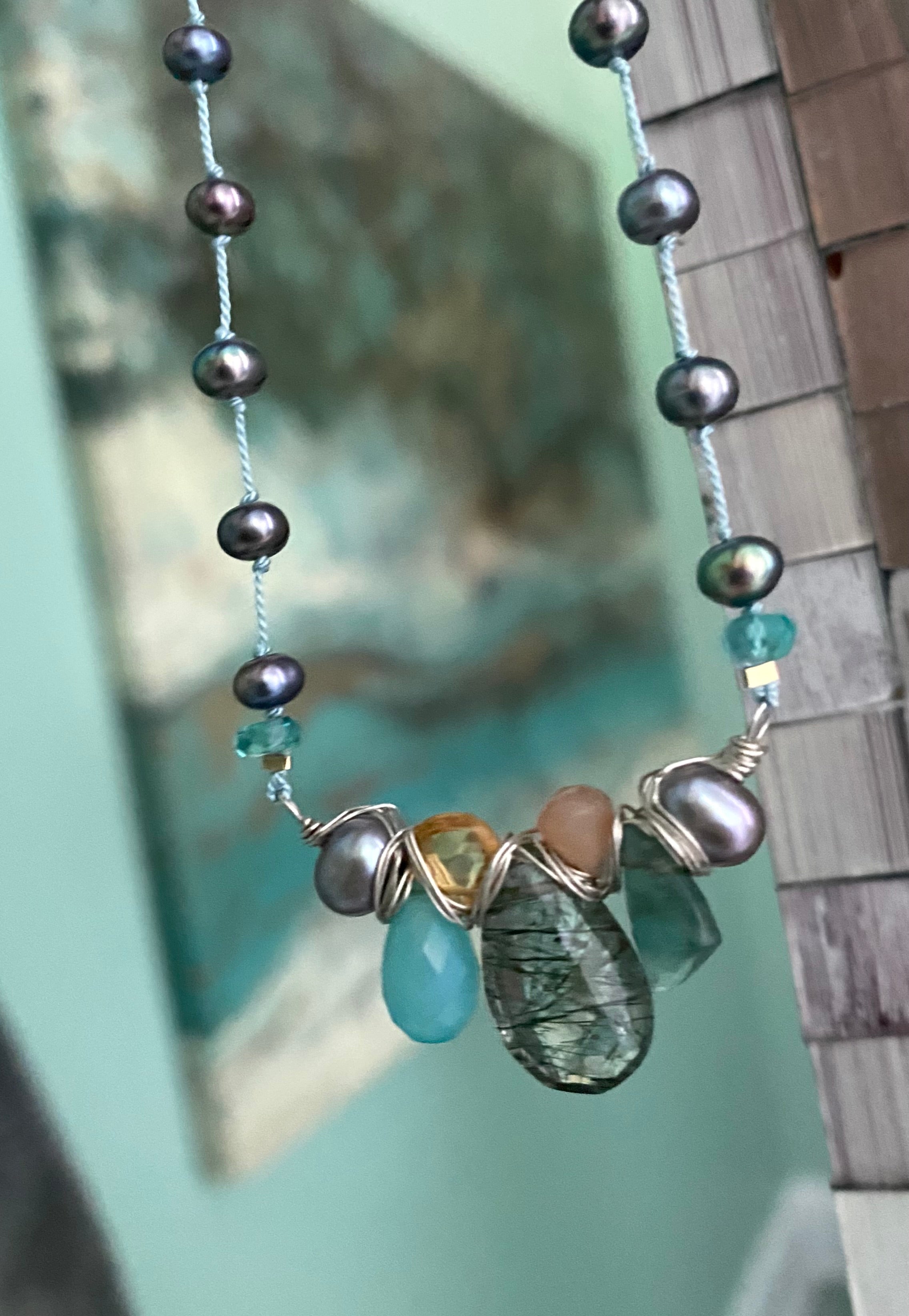 Knotted pearl necklace w/ gemstones - sky