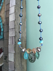 Knotted pearl necklace w/ gemstones - periwinkle