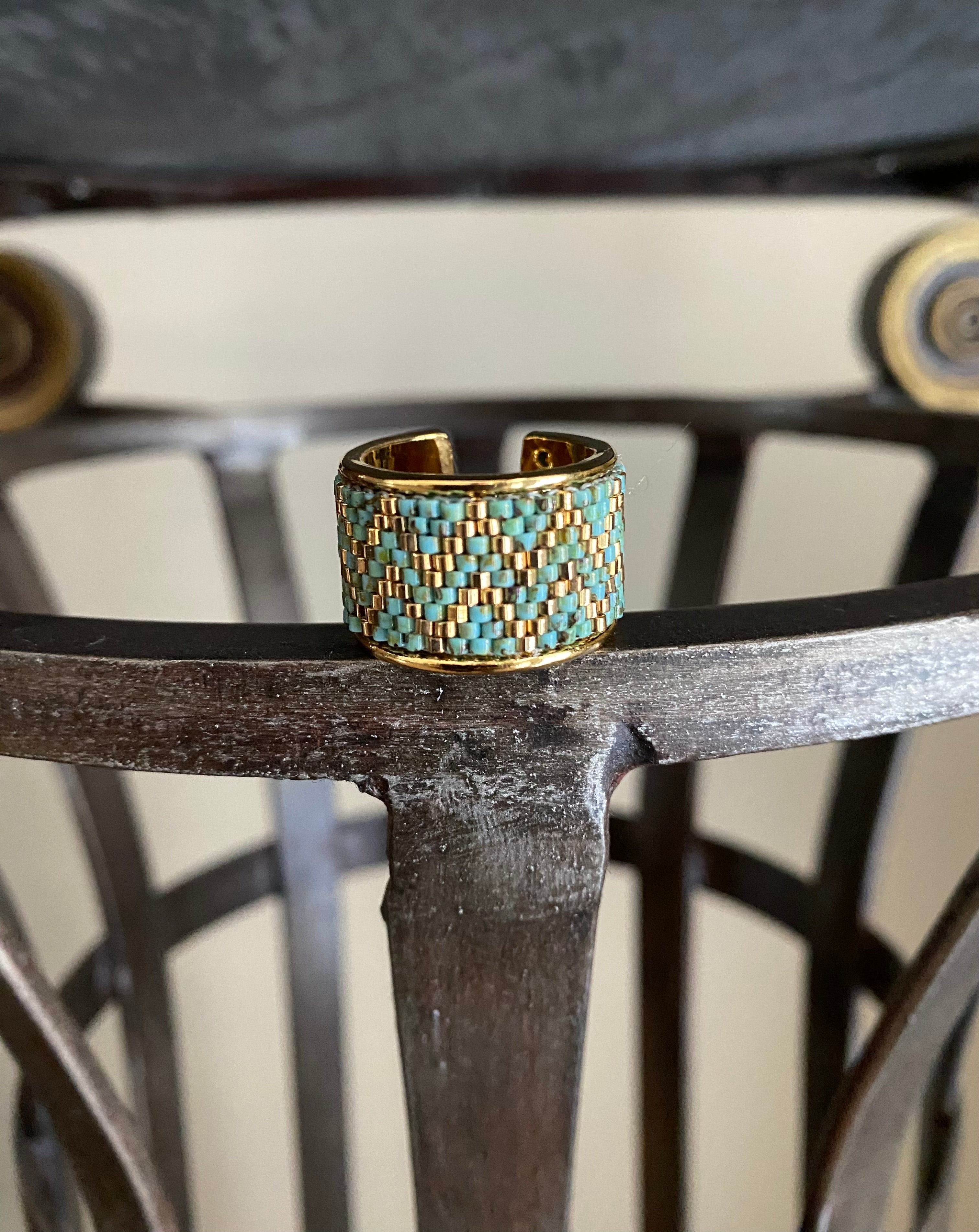 Beaded wide band ring - Rustic Turquoise Chevron