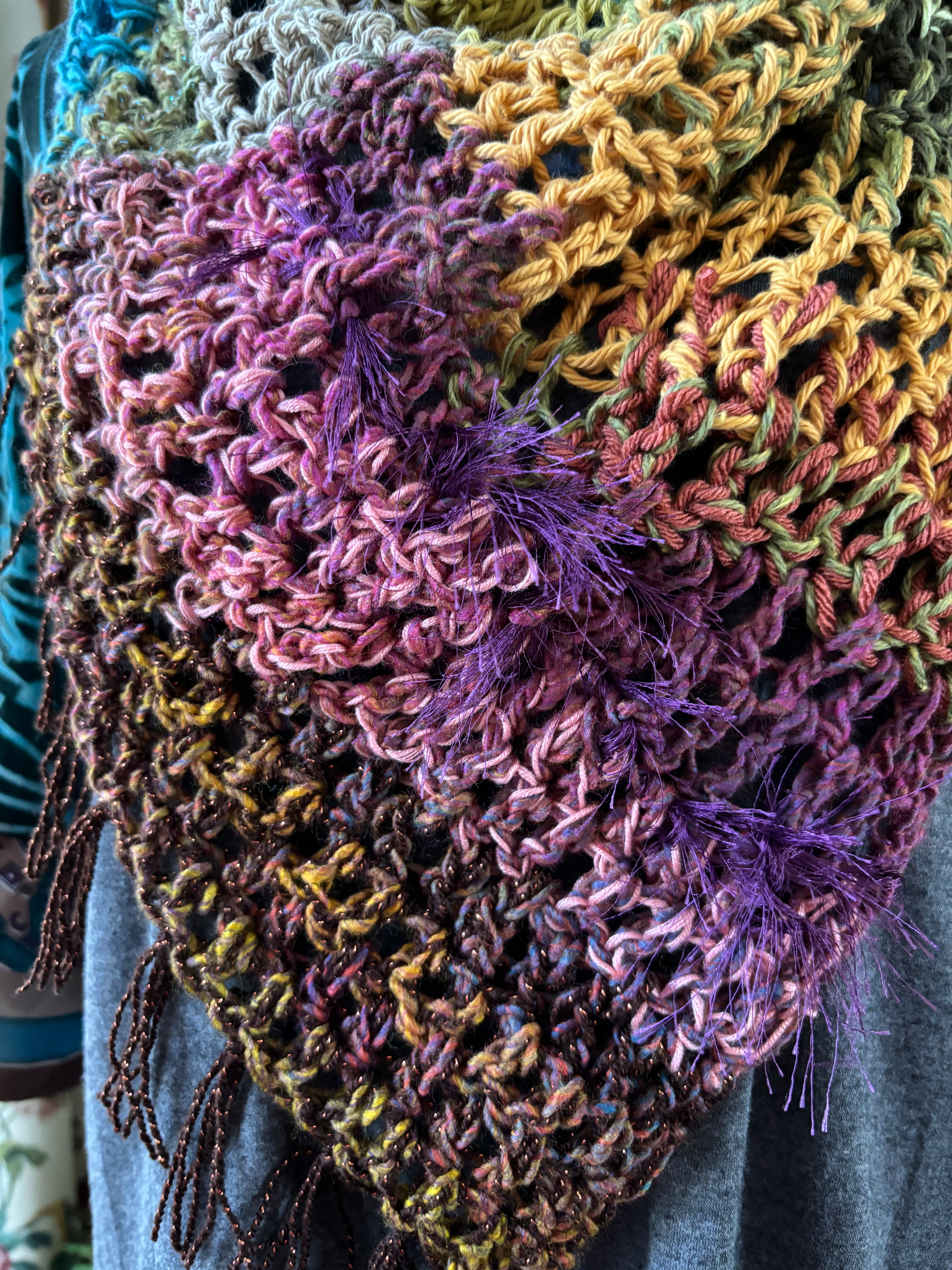 Crochet fringed asymmetrical cowl - Serena