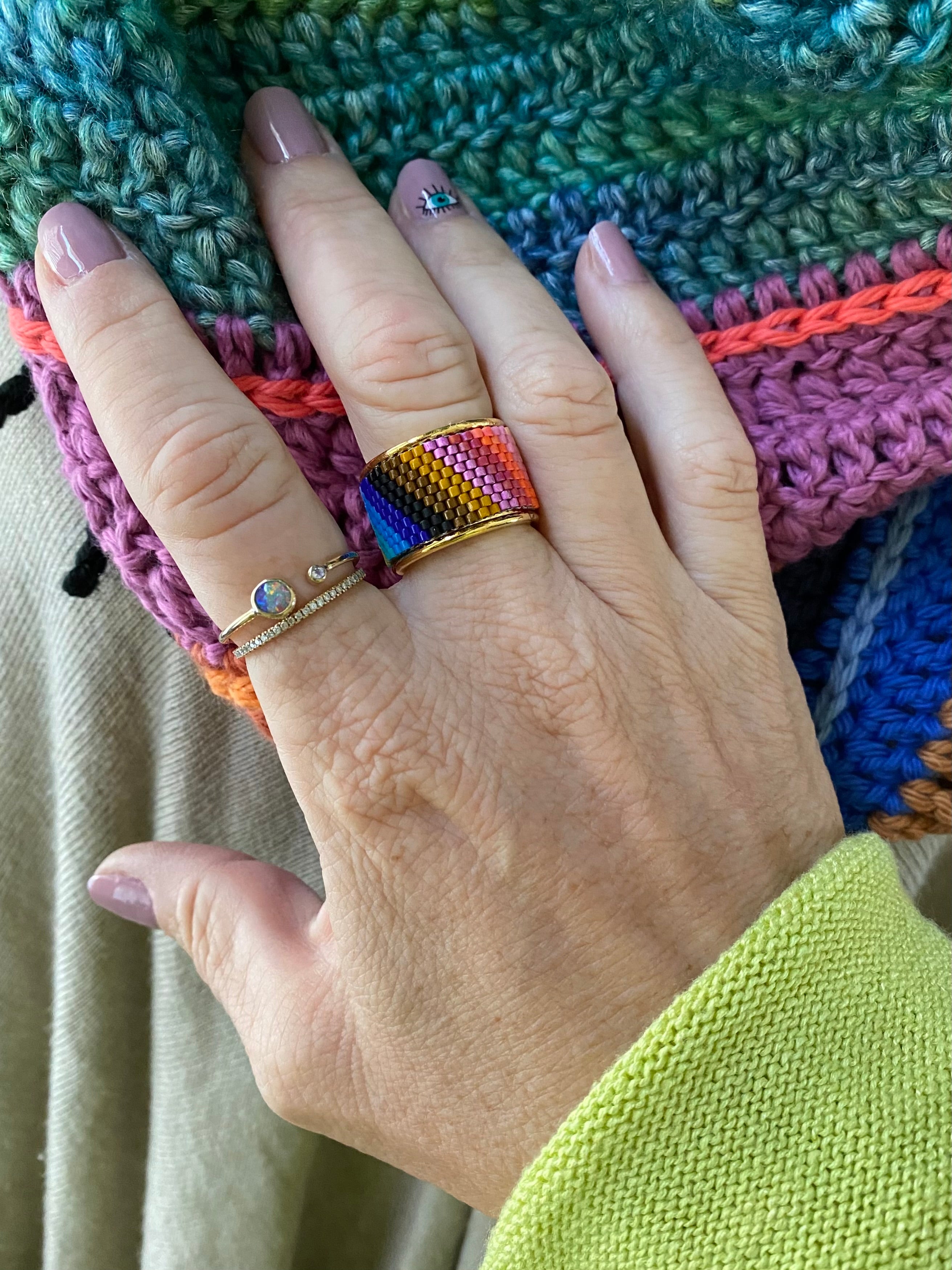 Beaded wide band ring - Mod Rainbow