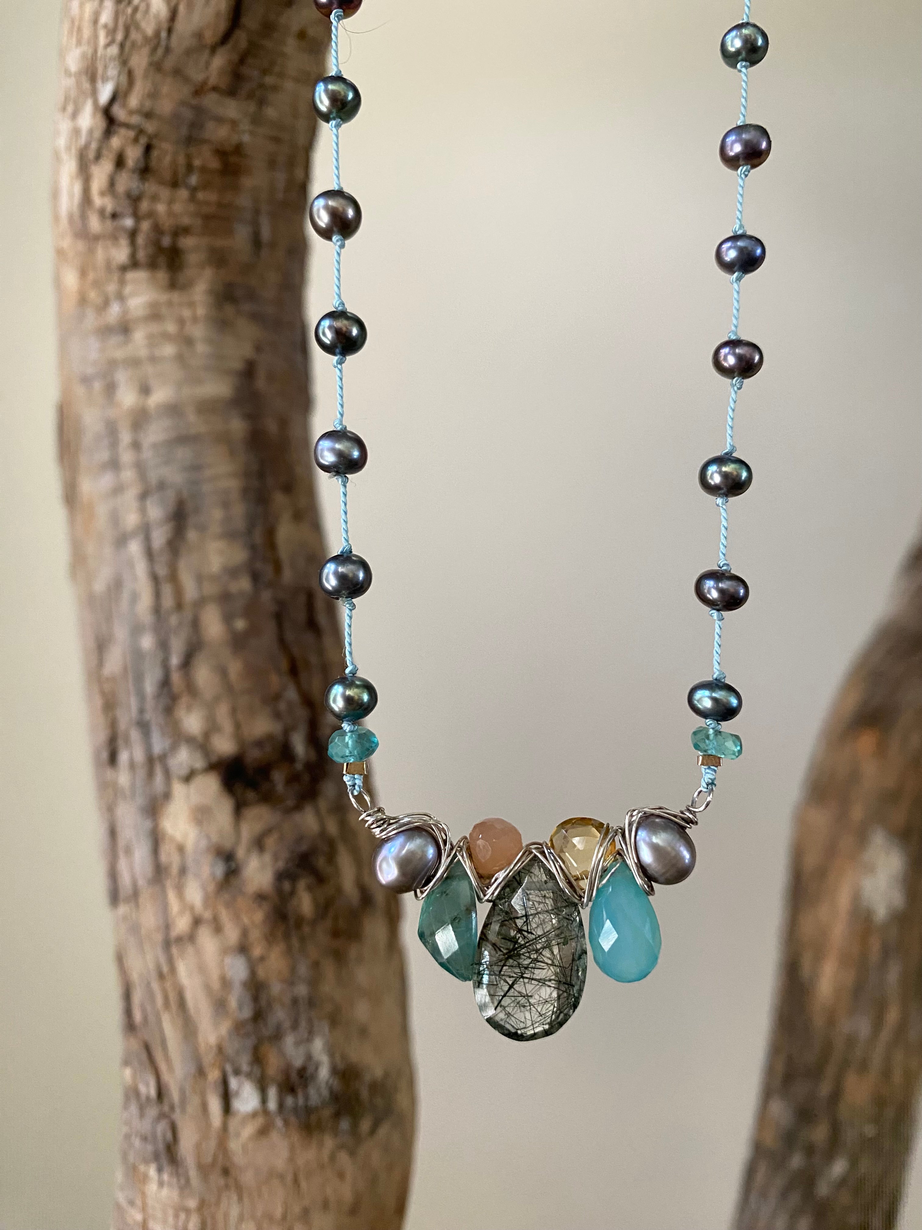 Knotted pearl necklace w/ gemstones - sky