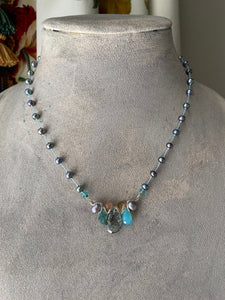 Knotted pearl necklace w/ gemstones - sky