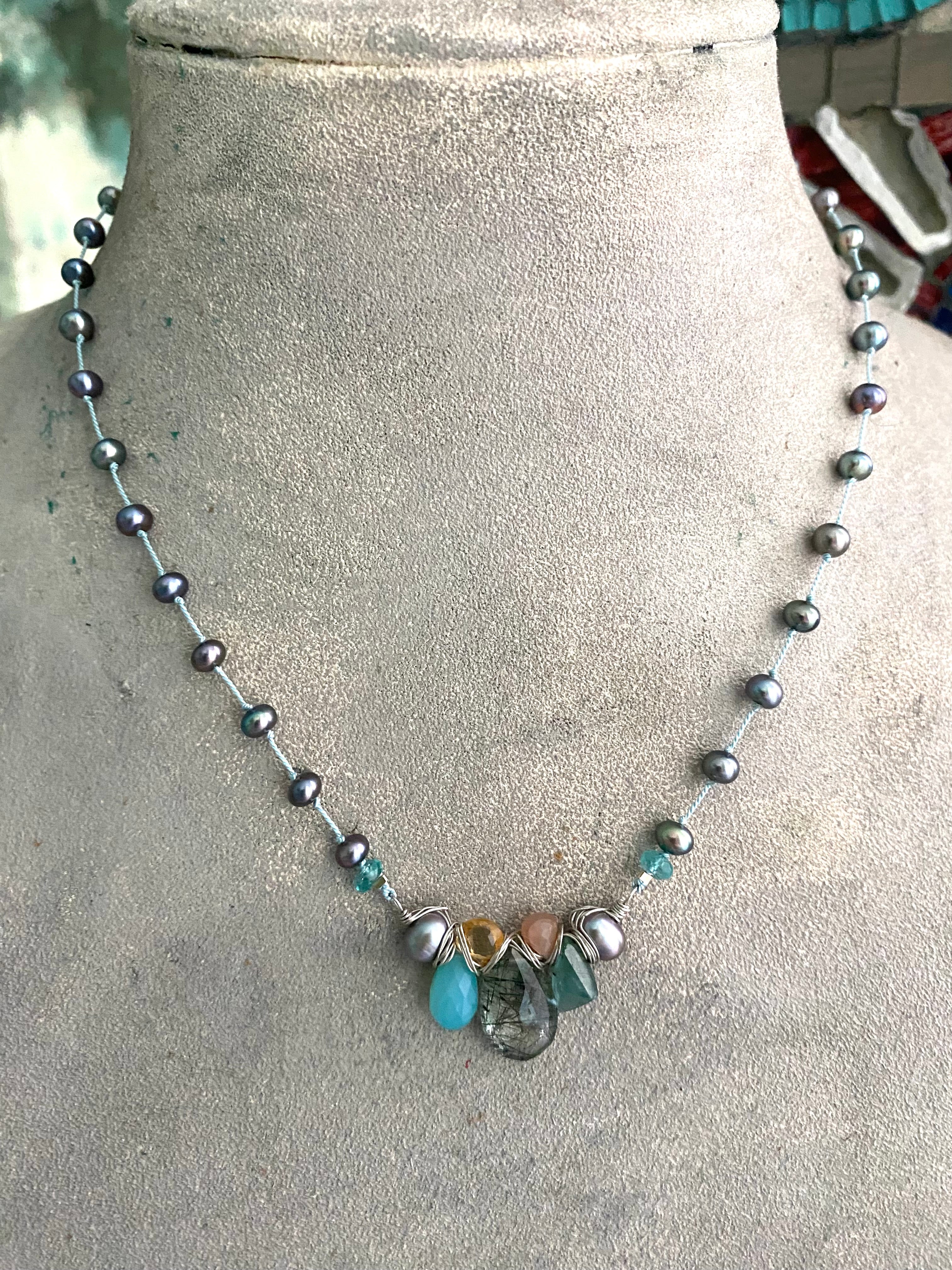 Knotted pearl necklace w/ gemstones - sky