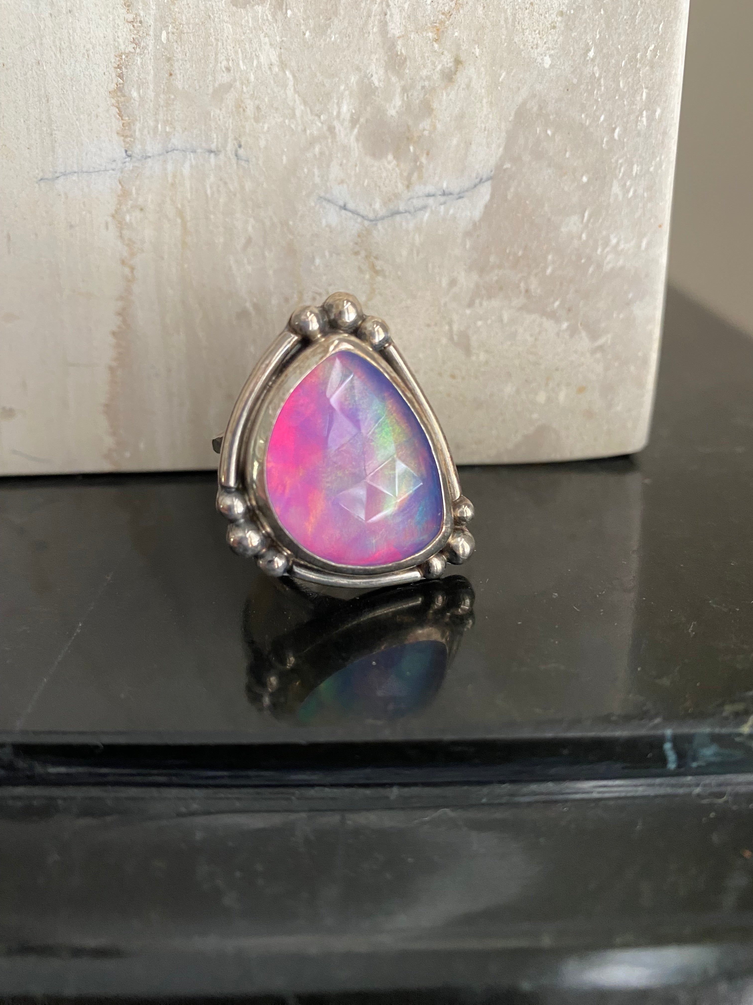 Sterling silver & aurora opal ring size 7.5-8