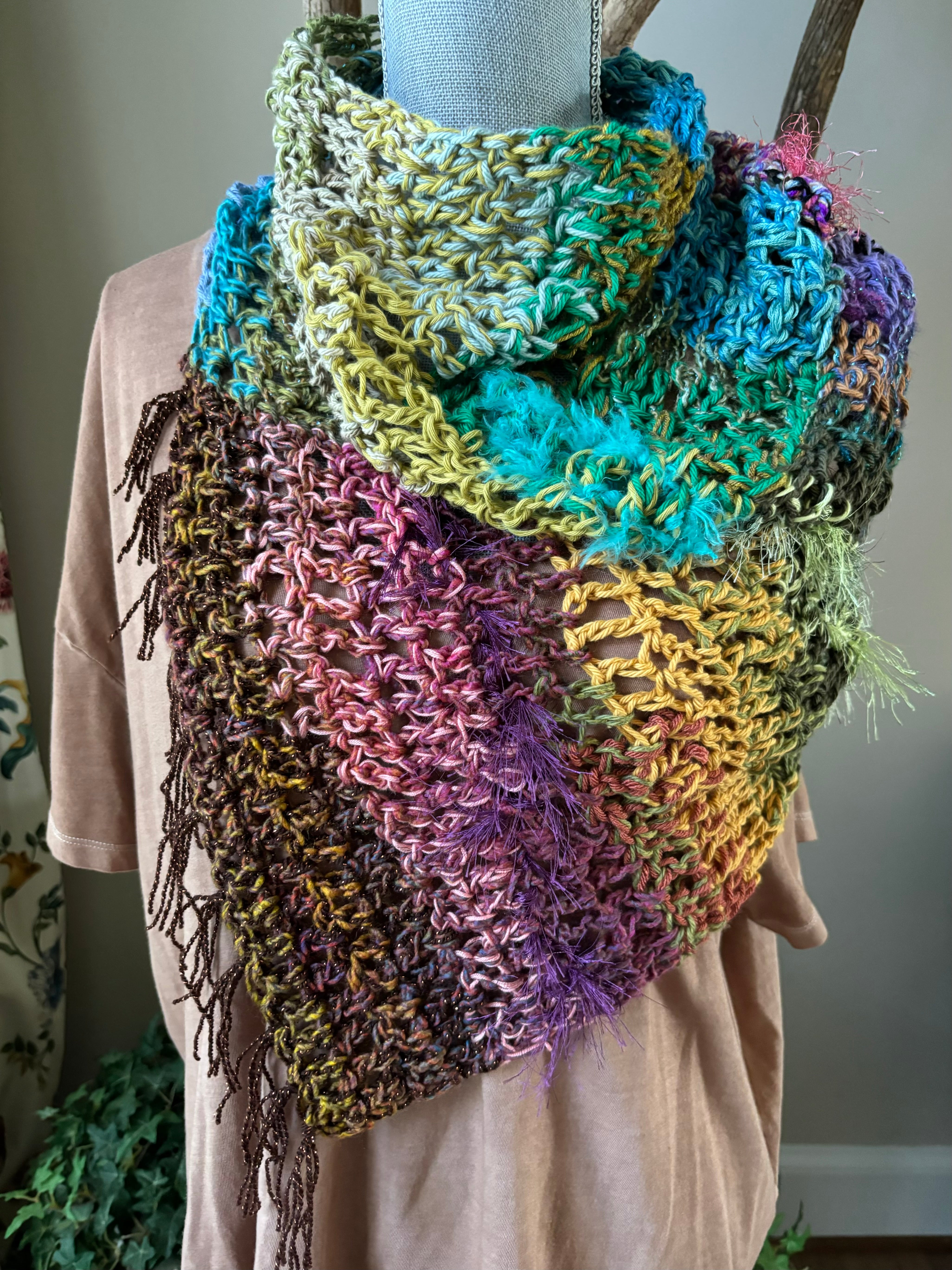 Crochet fringed asymmetrical cowl - Serena