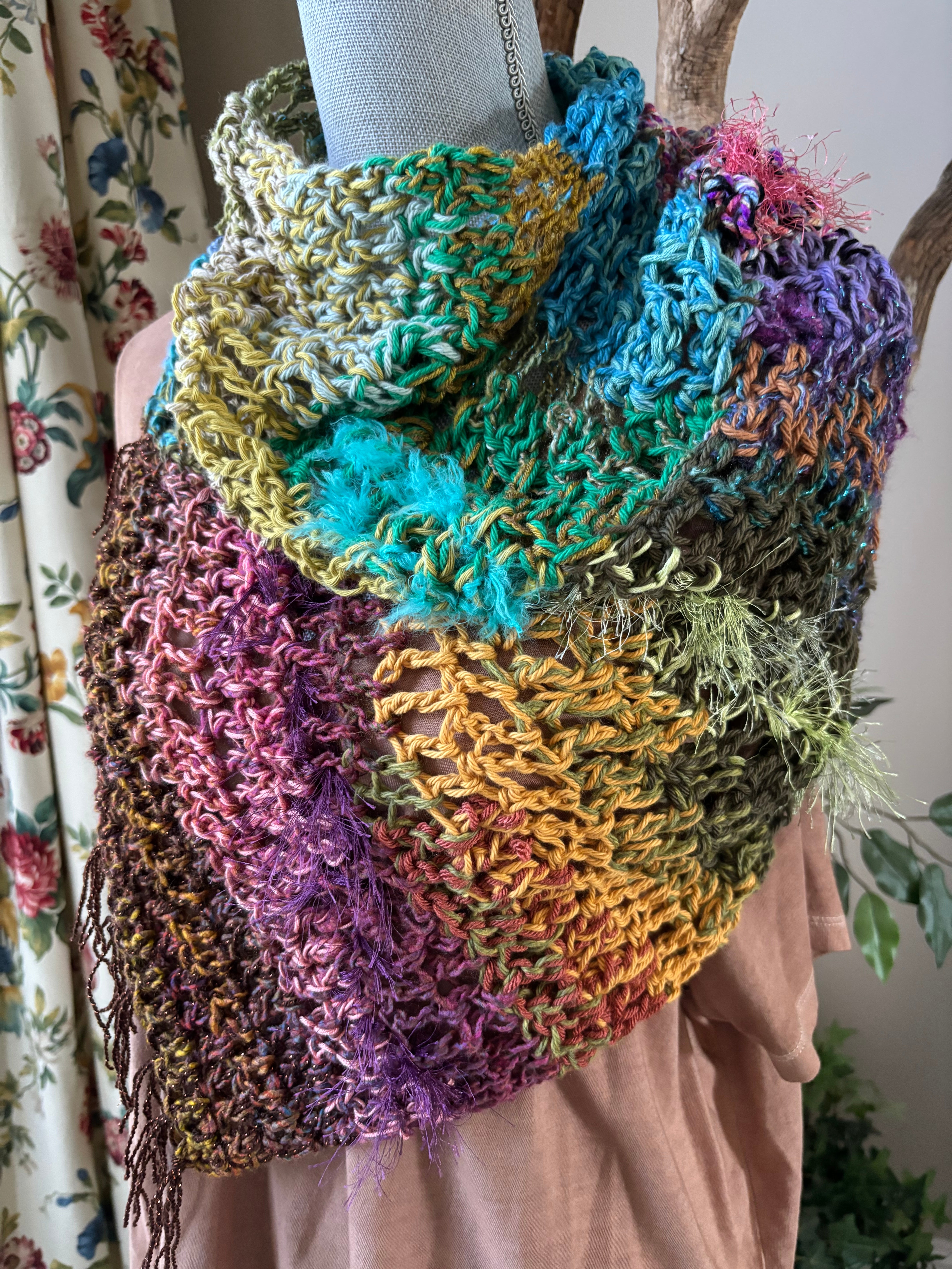 Crochet fringed asymmetrical cowl - Serena