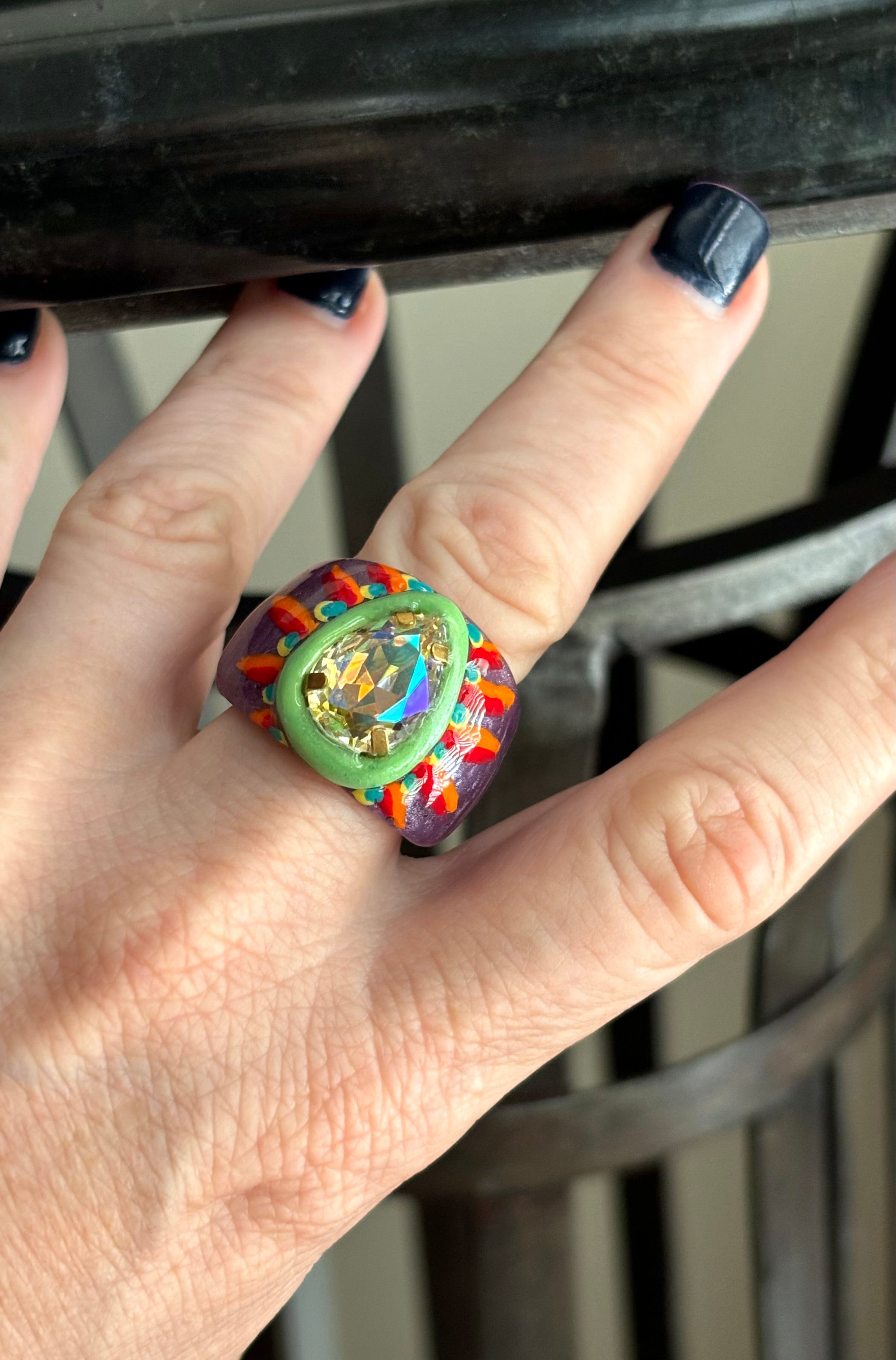 Orb handpainted ring - Retro Series / FireWorx (size 8)