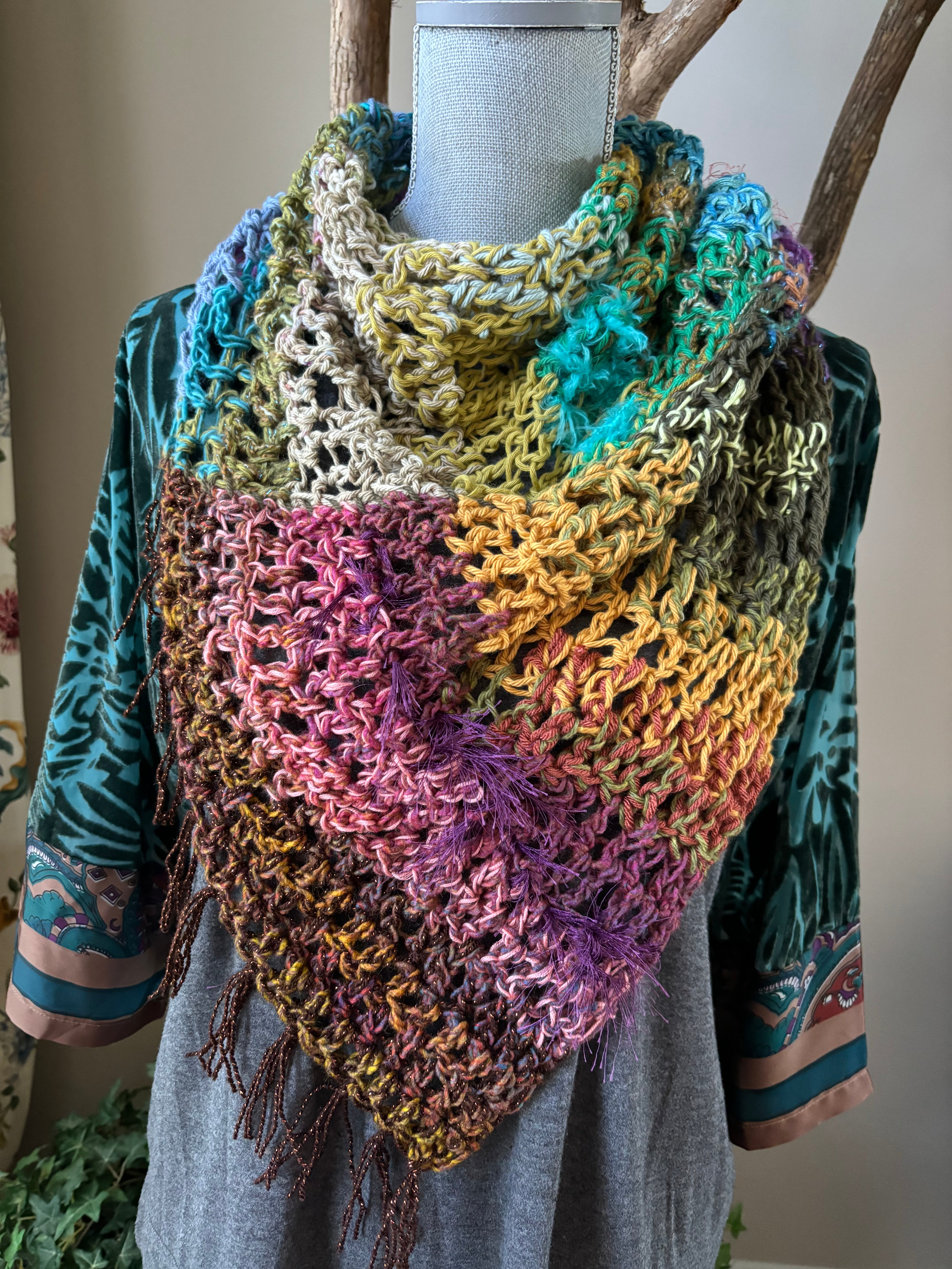 Crochet fringed asymmetrical cowl - Serena