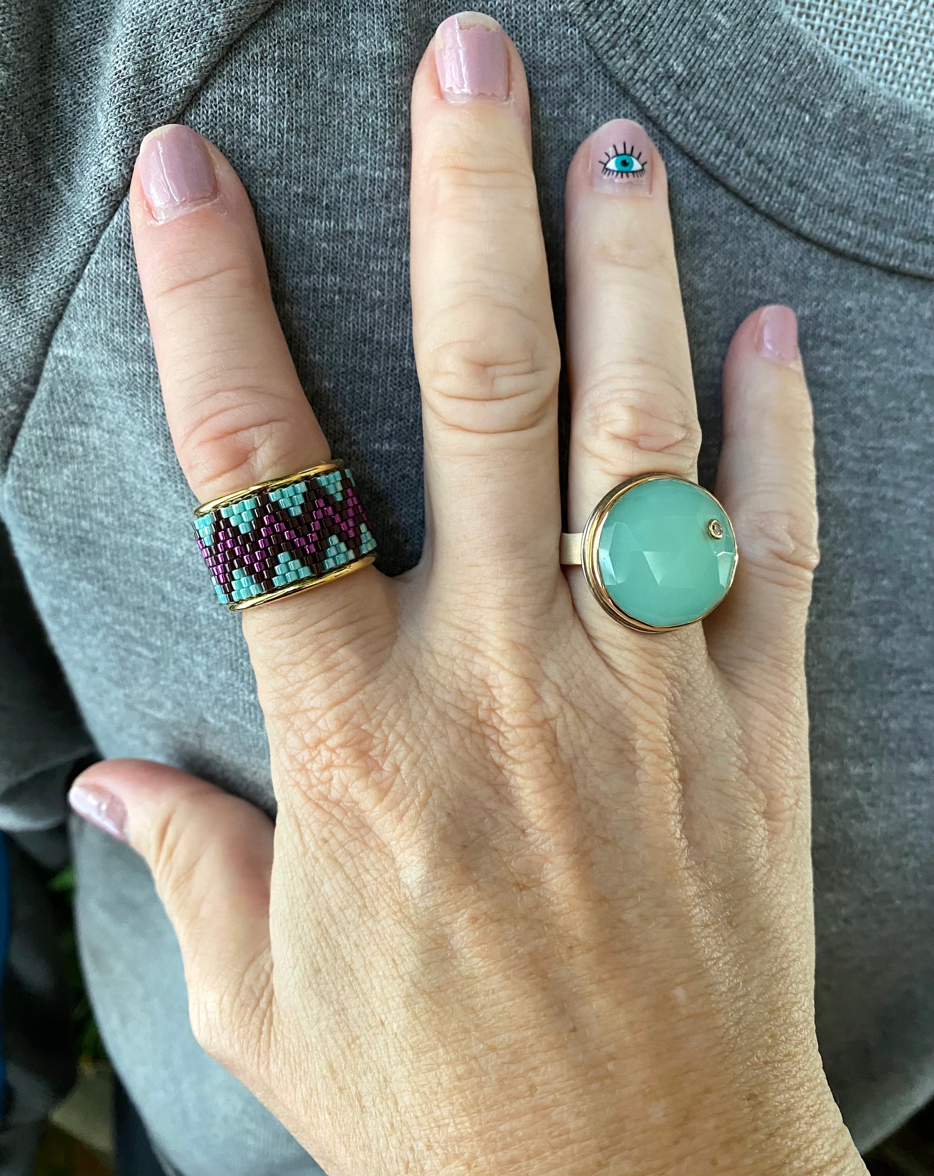 Beaded wide band ring - Turquoise /Raspberry Chevron