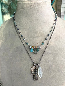 Knotted pearl necklace w/ gemstones - sky