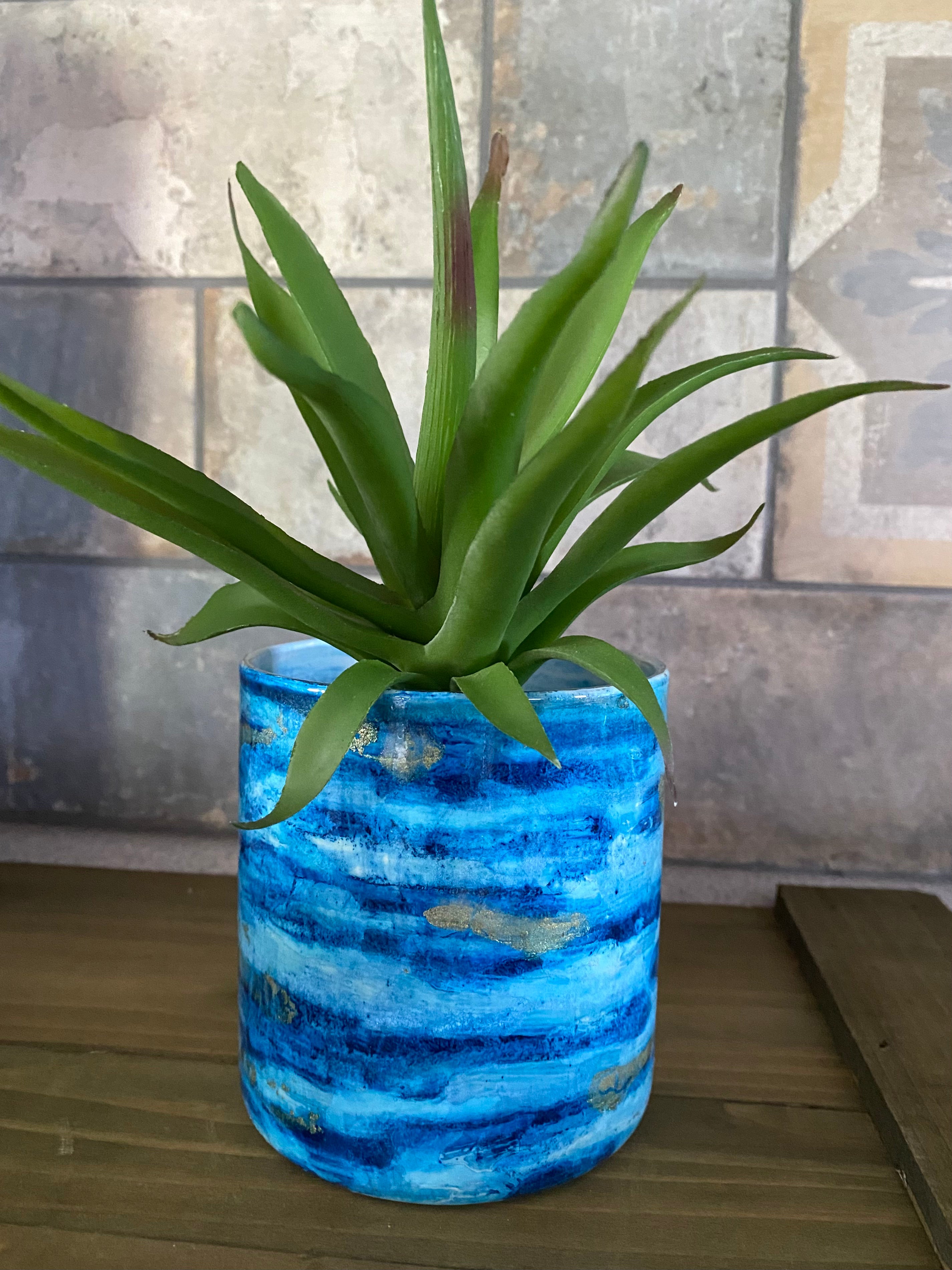 Hand painted glass jar w/ bamboo lid - Moody Blue