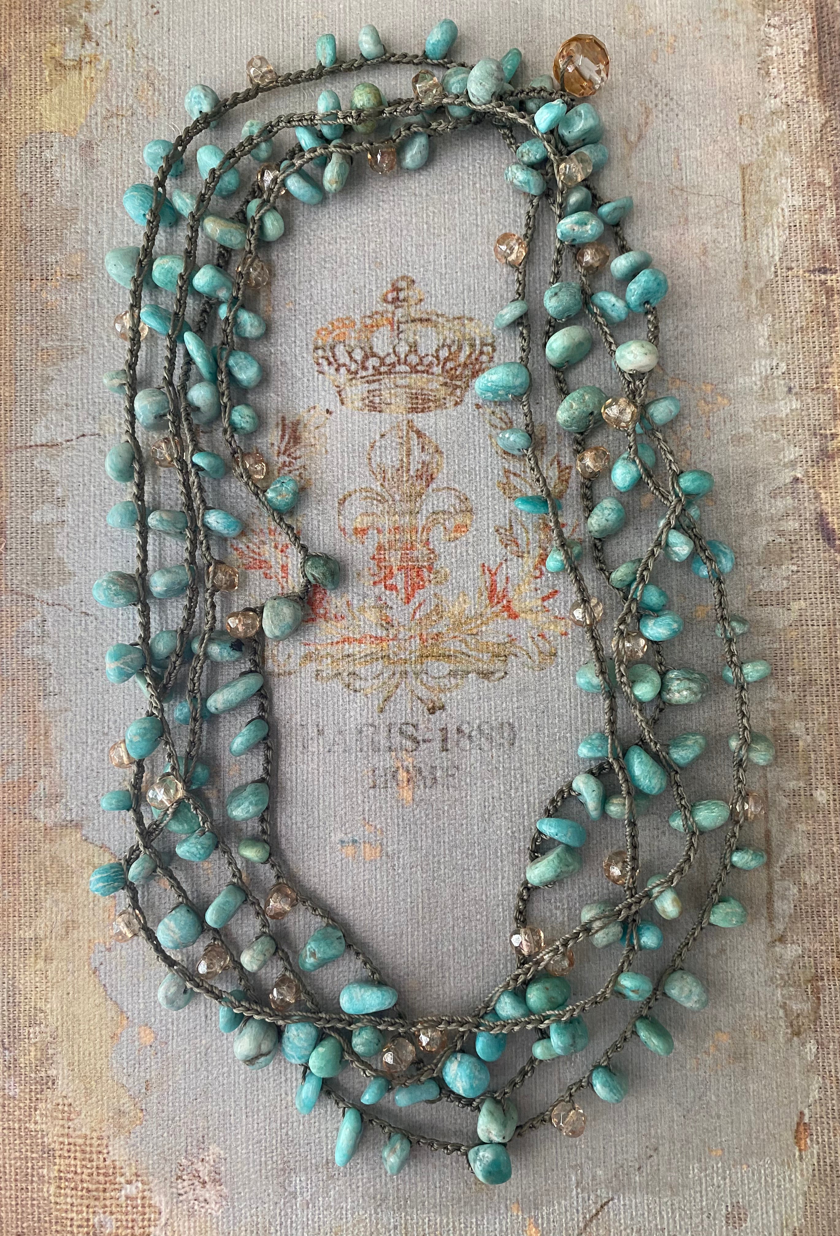 Xtra long amazonite crochet wrap necklace