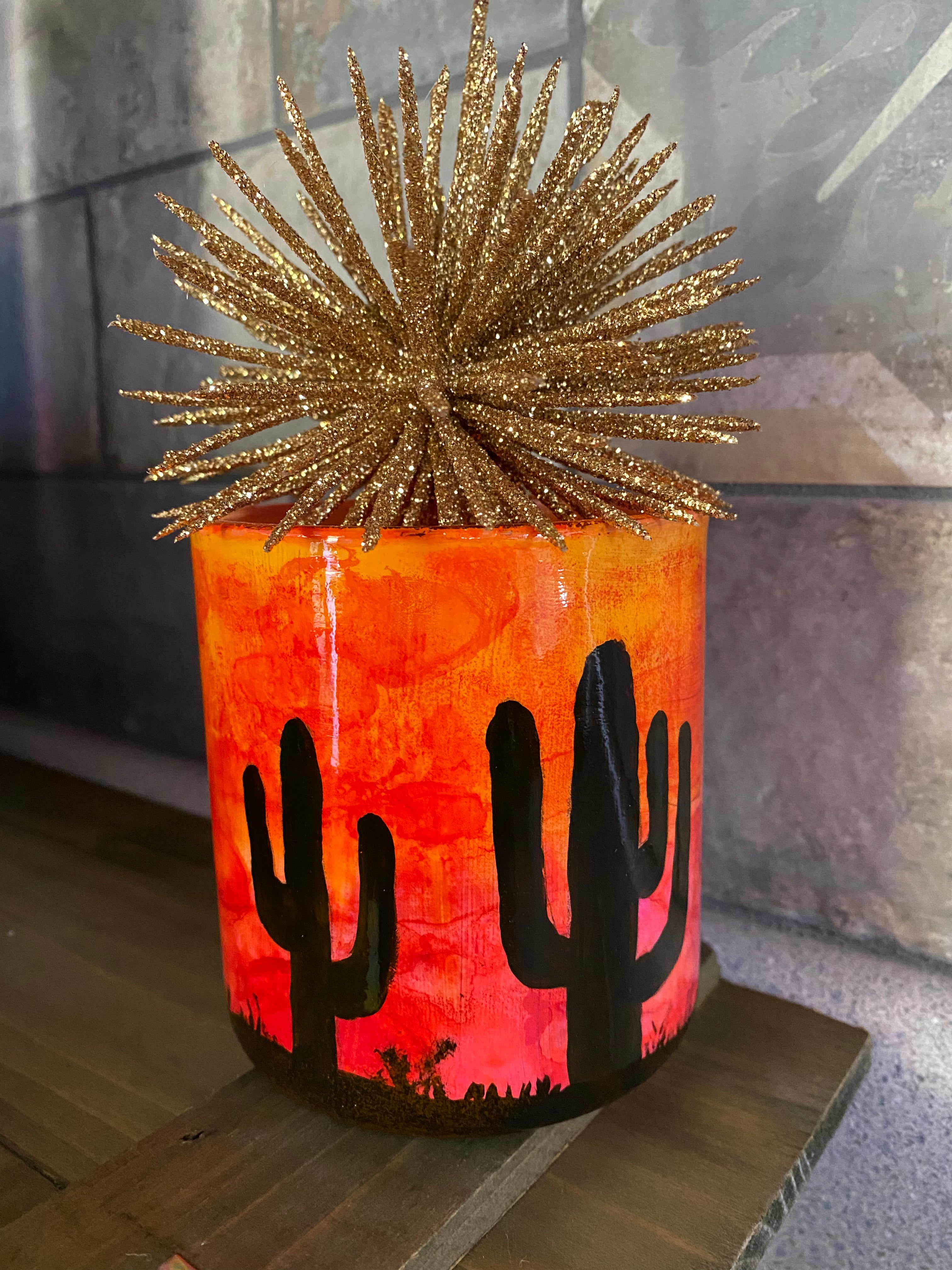 Hand painted glass jar w/ bamboo lid - El Paso Sunset
