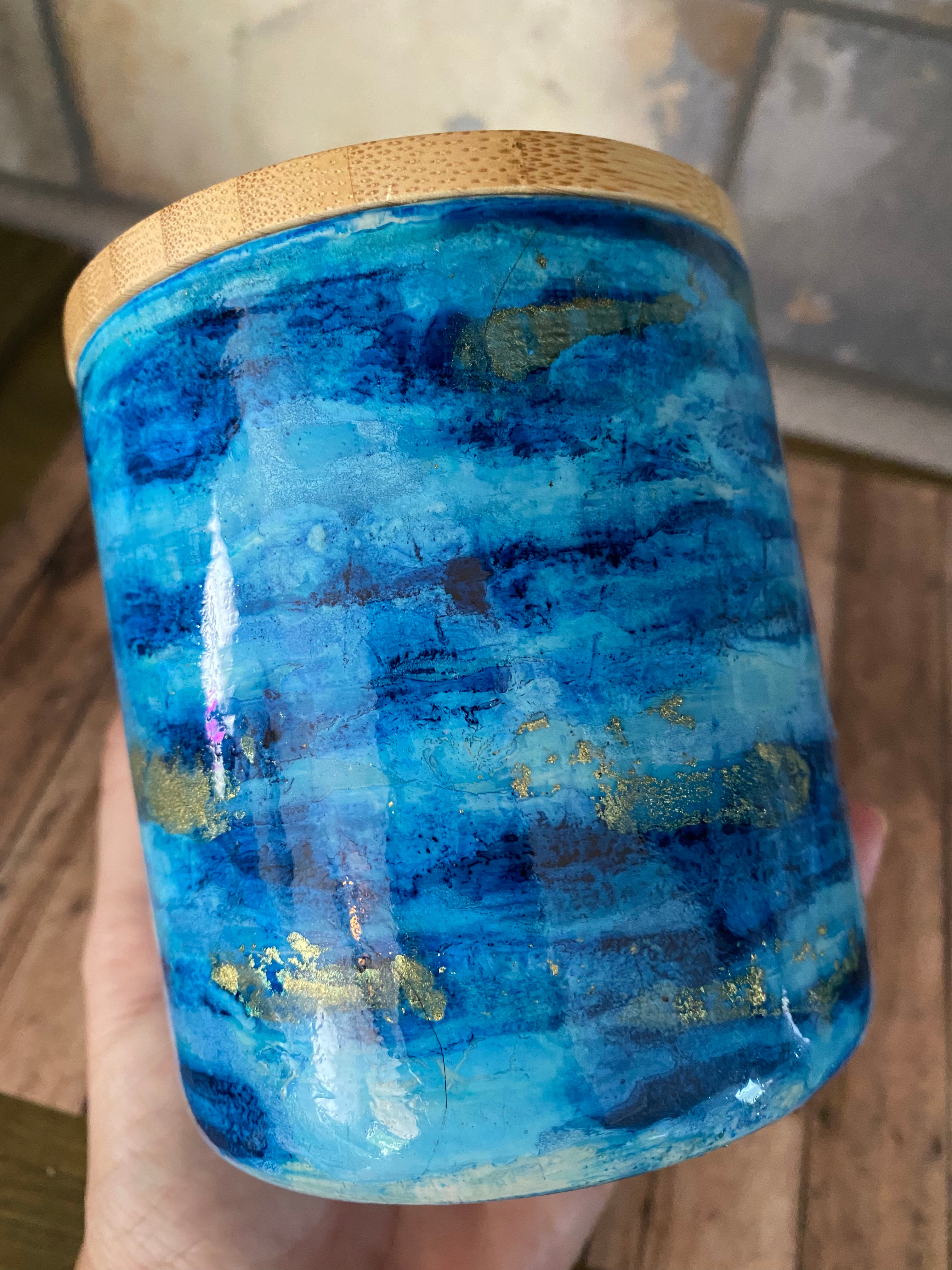 Hand painted glass jar w/ bamboo lid - Moody Blue