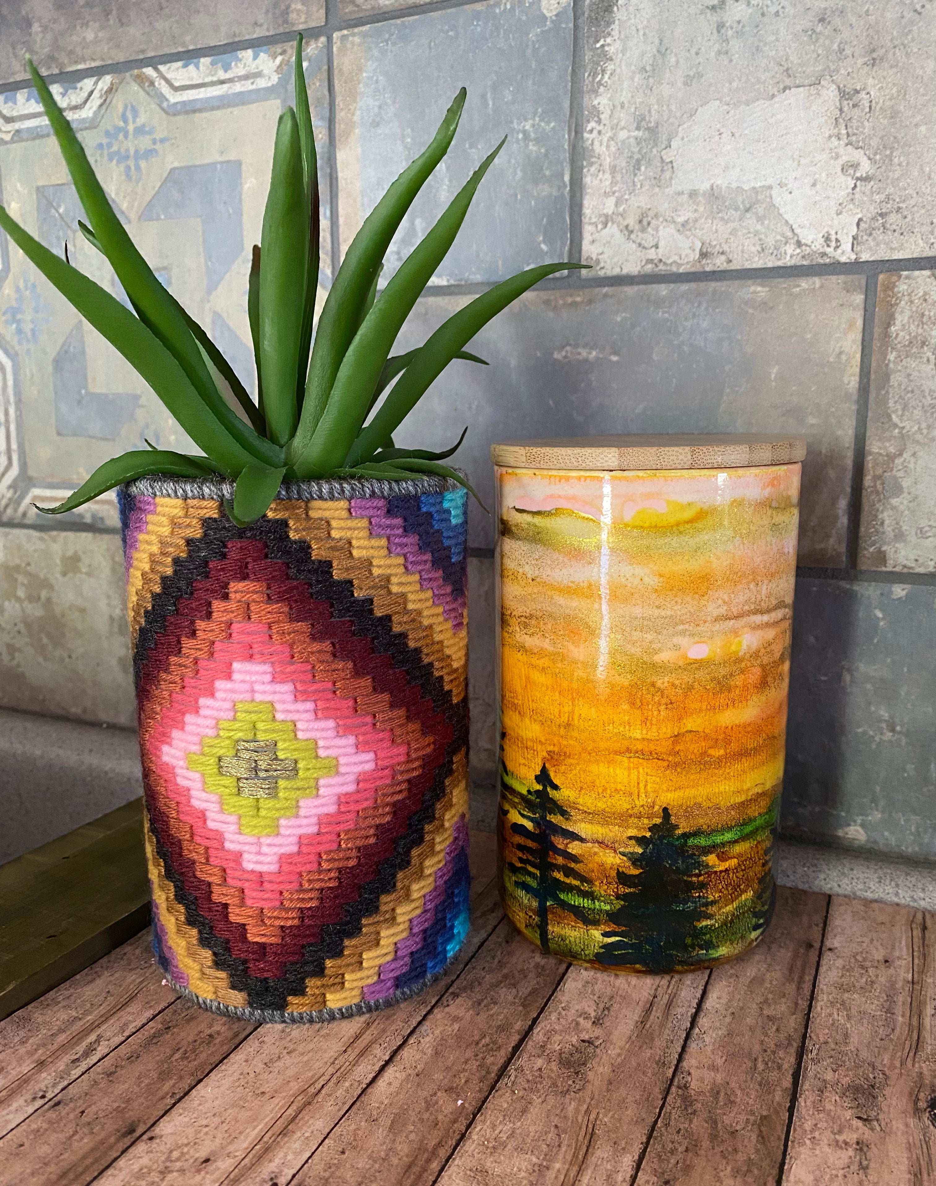 Hand painted glass jar w/ bamboo lid - Alpine Dusk