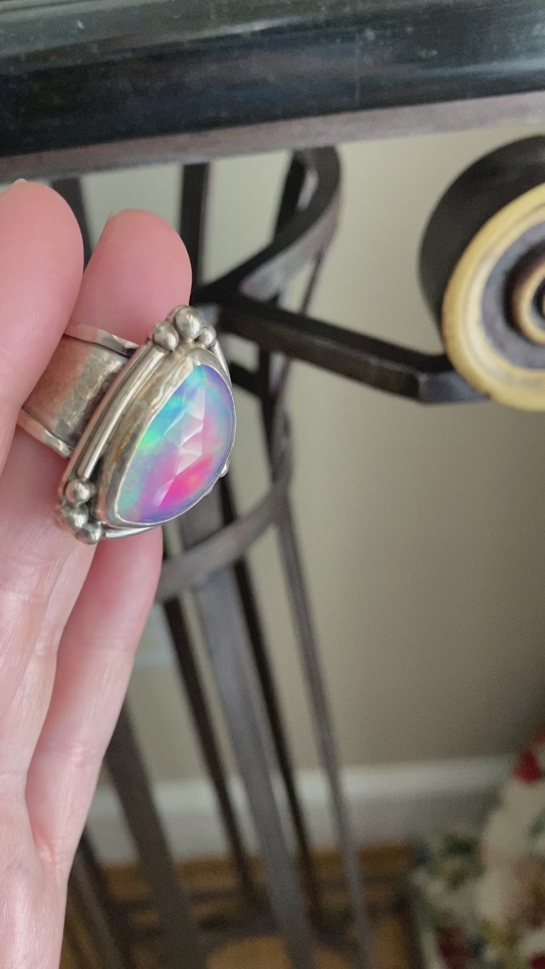 Sterling silver & aurora opal ring size 7.5-8