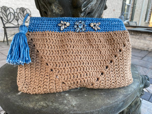 Crochet clutch bag with vintage rhinestones - Lagoon