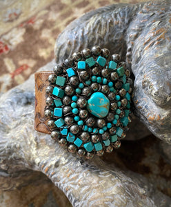 Turquoise & pyrite on upcycled leather belt cuff bracelet