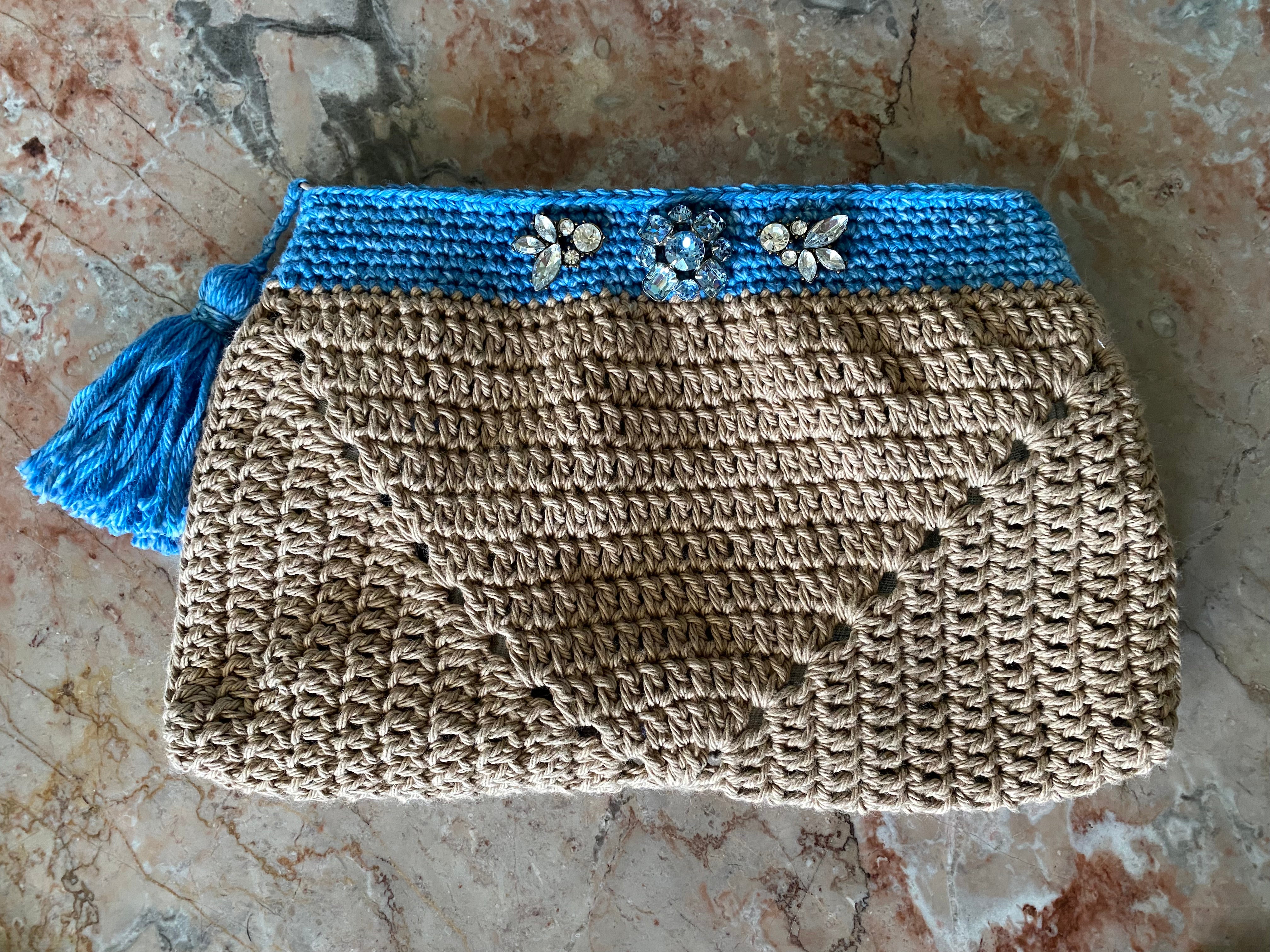 Crochet clutch bag with vintage rhinestones - Lagoon