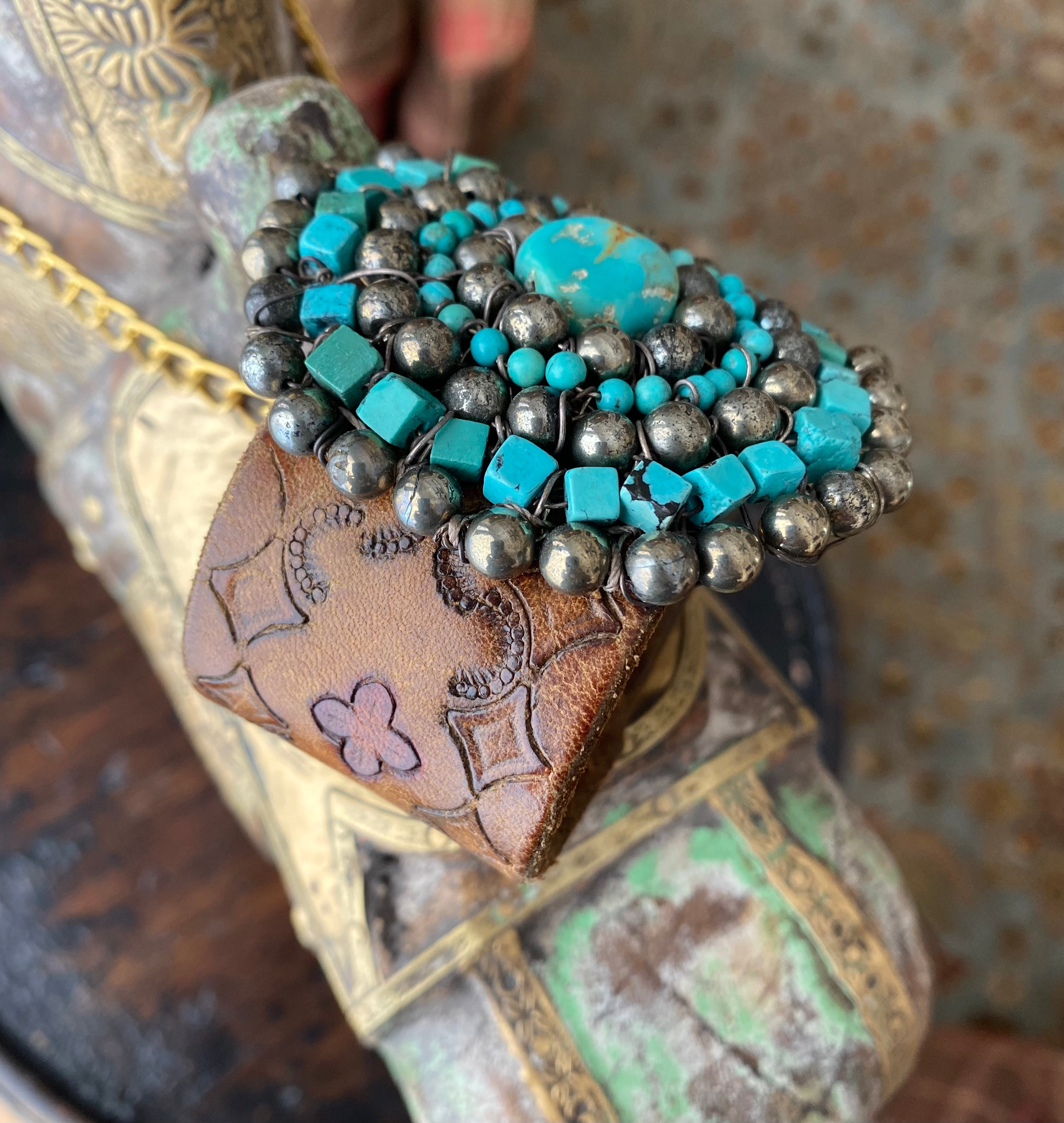 Turquoise & pyrite on upcycled leather belt cuff bracelet