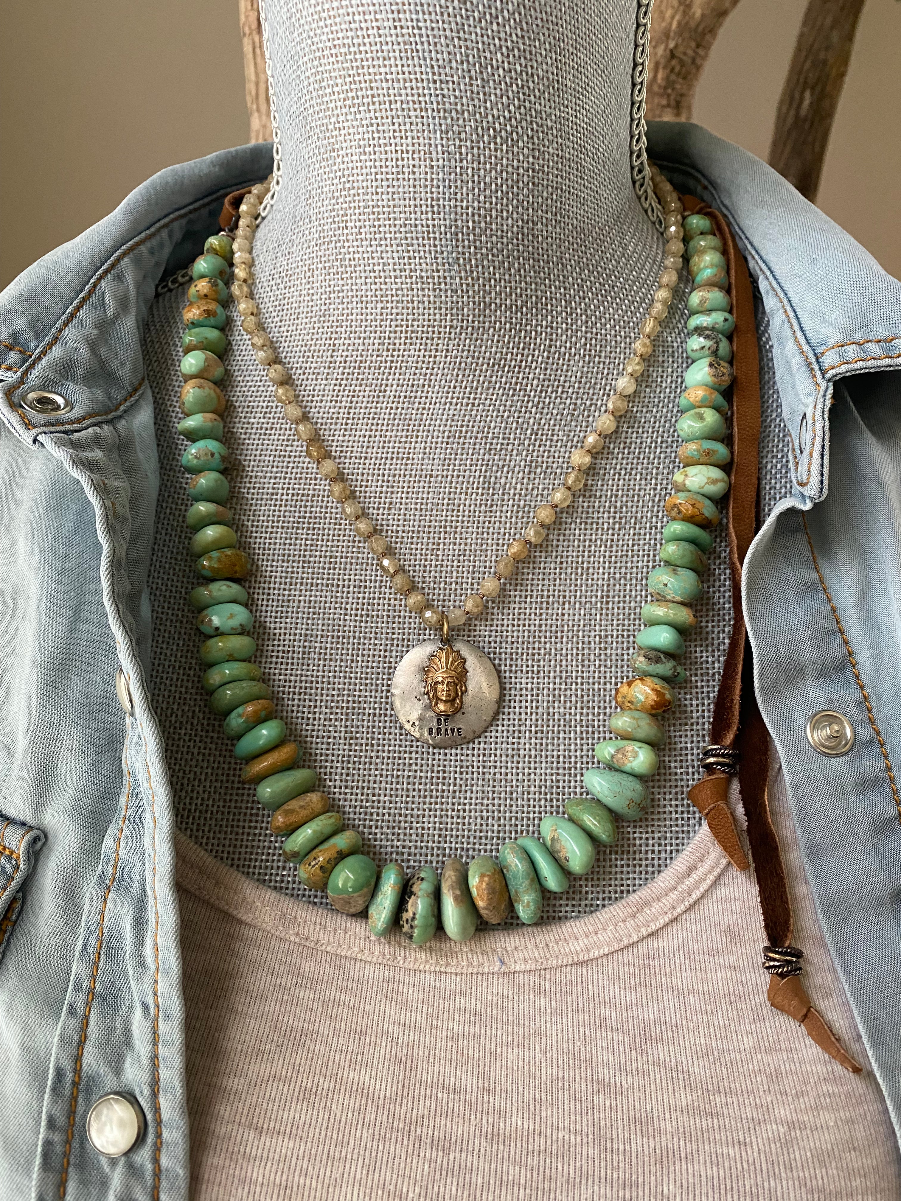 Kingman turquoise & knotted leather necklace
